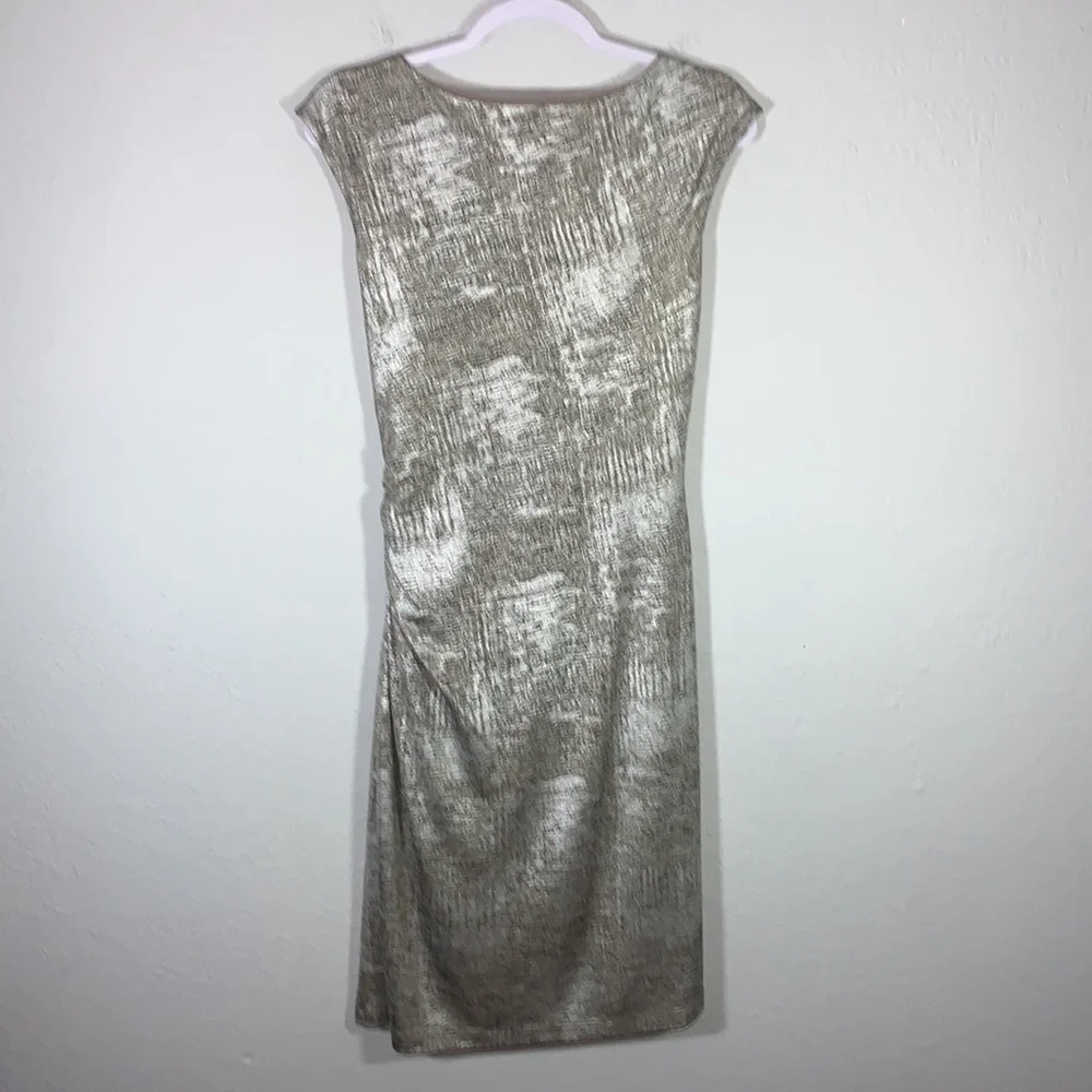 Connected Apparel Metallic Gold Faux Wrap Midi Dress Size 8 Holiday Party